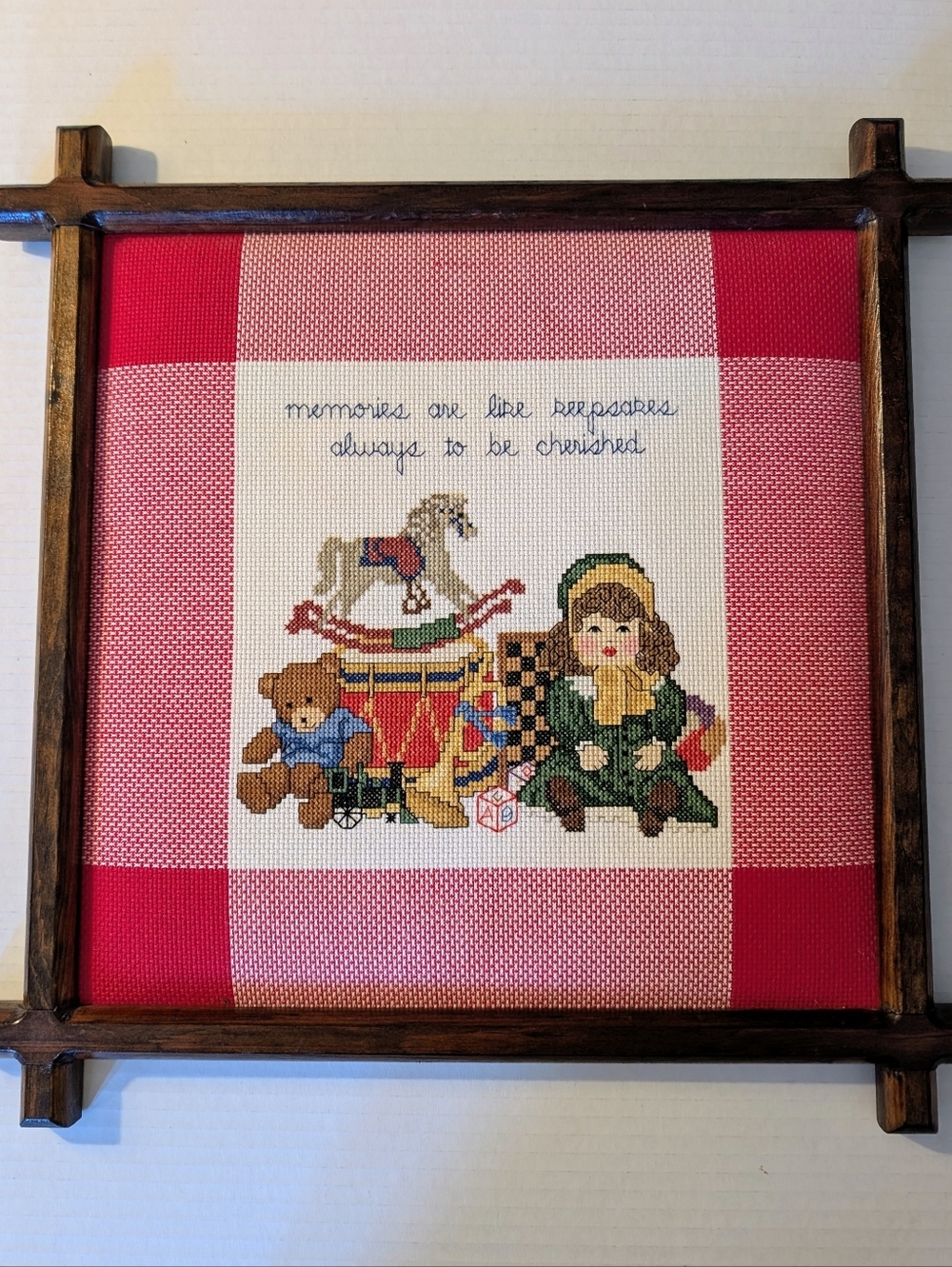 Cross-stitched Framed Toy Themed Child's Nursery Playroom Bedroom Wood Frame 15"